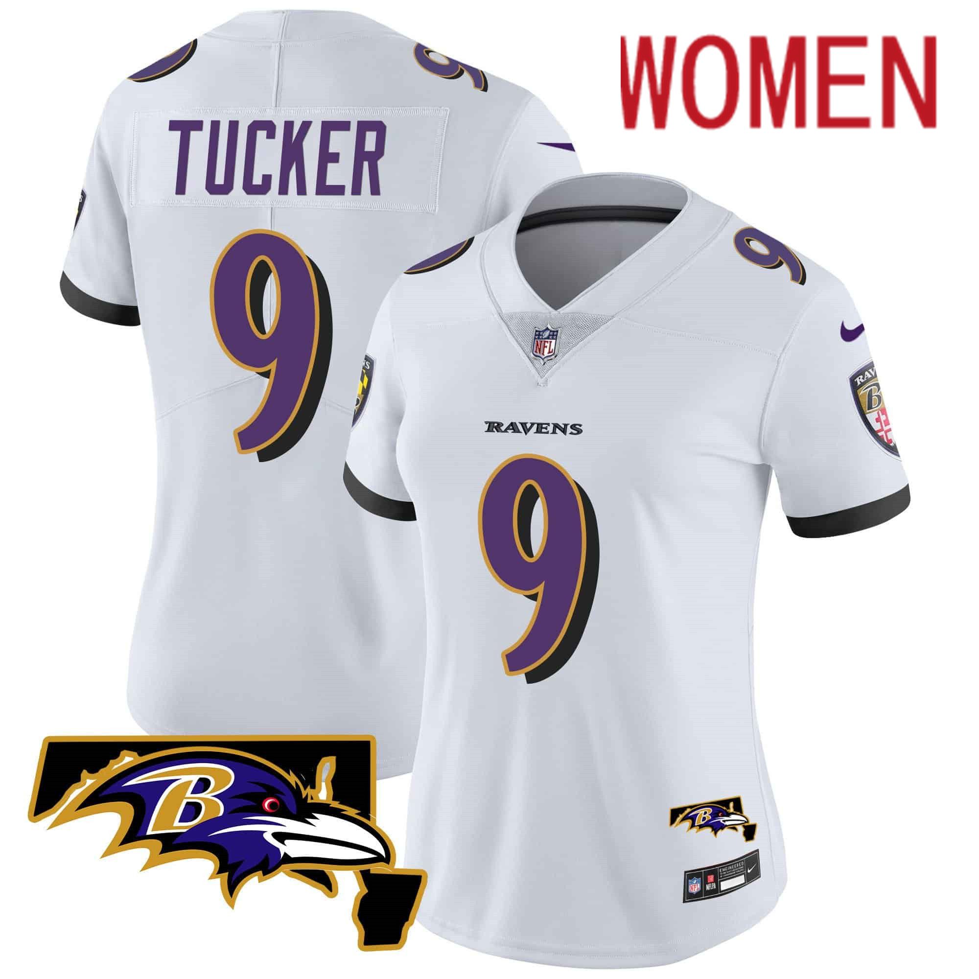 Women Baltimore Ravens 9 Tucker White 2024 Nike Maryland Patch Vapor Limited NFL Jersey